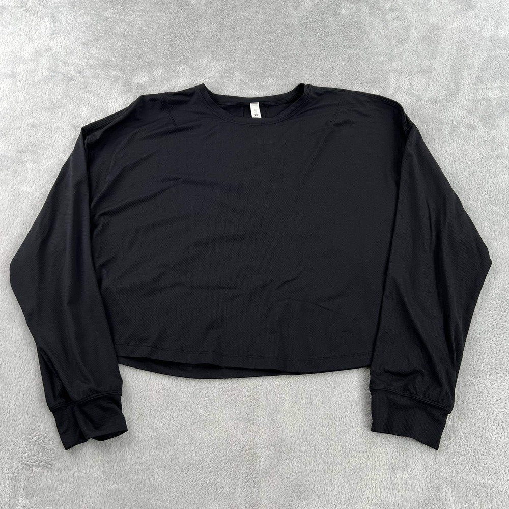 Lululemon Mesh Long Sleeve Crop Top Womens 12 Black Lightweight Yoga Activewear